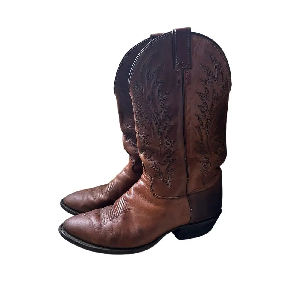 Vintage Brown Leather Western Cowboy Boots Stitch Snip Toe Men's Size 10